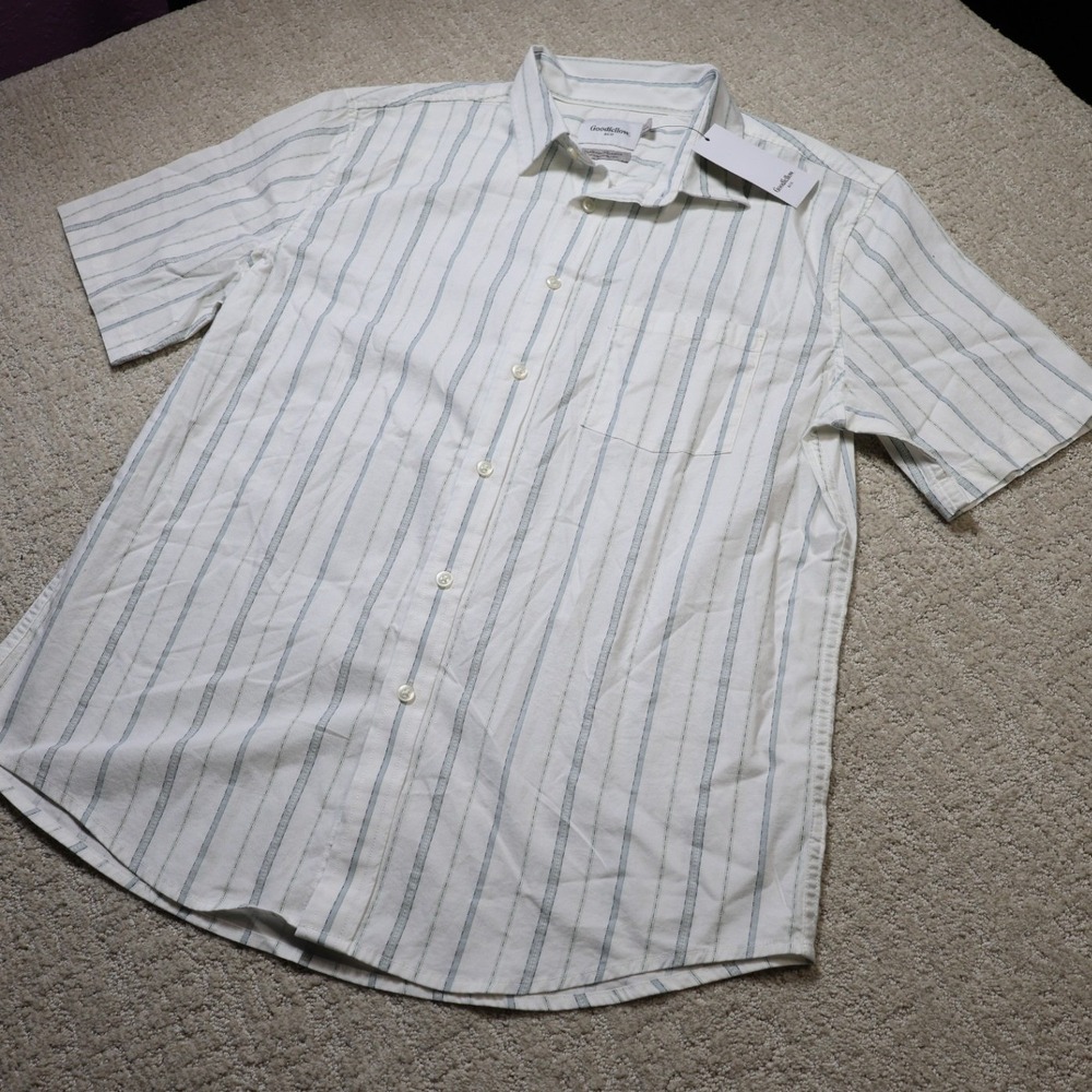 Goodfellow & Co Mens Large Tall White Blue Striped Short Sleeve Button Down